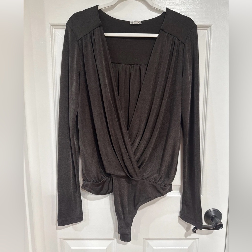 Intimately Free People Women's XL Bodysuit Long Sleeve Surplice Neckline Brown